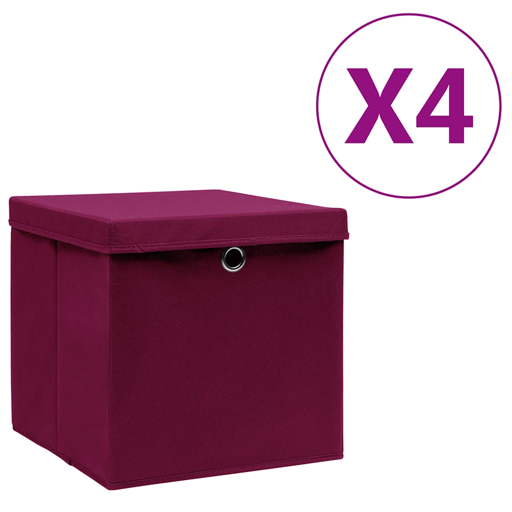 vidaXL Förvaringslådor med lock 4 st 28x28x28 cm mörkröd