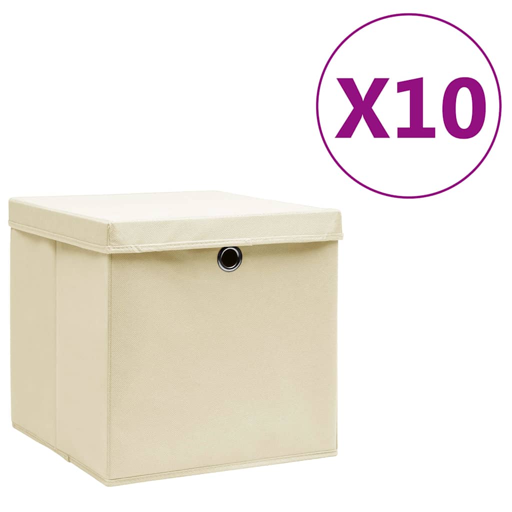 vidaXL Förvaringslådor med lock 10 st 28x28x28 cm gräddvit