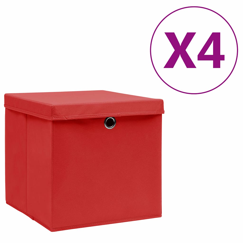 vidaXL Förvaringslådor med lock 4 st 28x28x28 cm röd