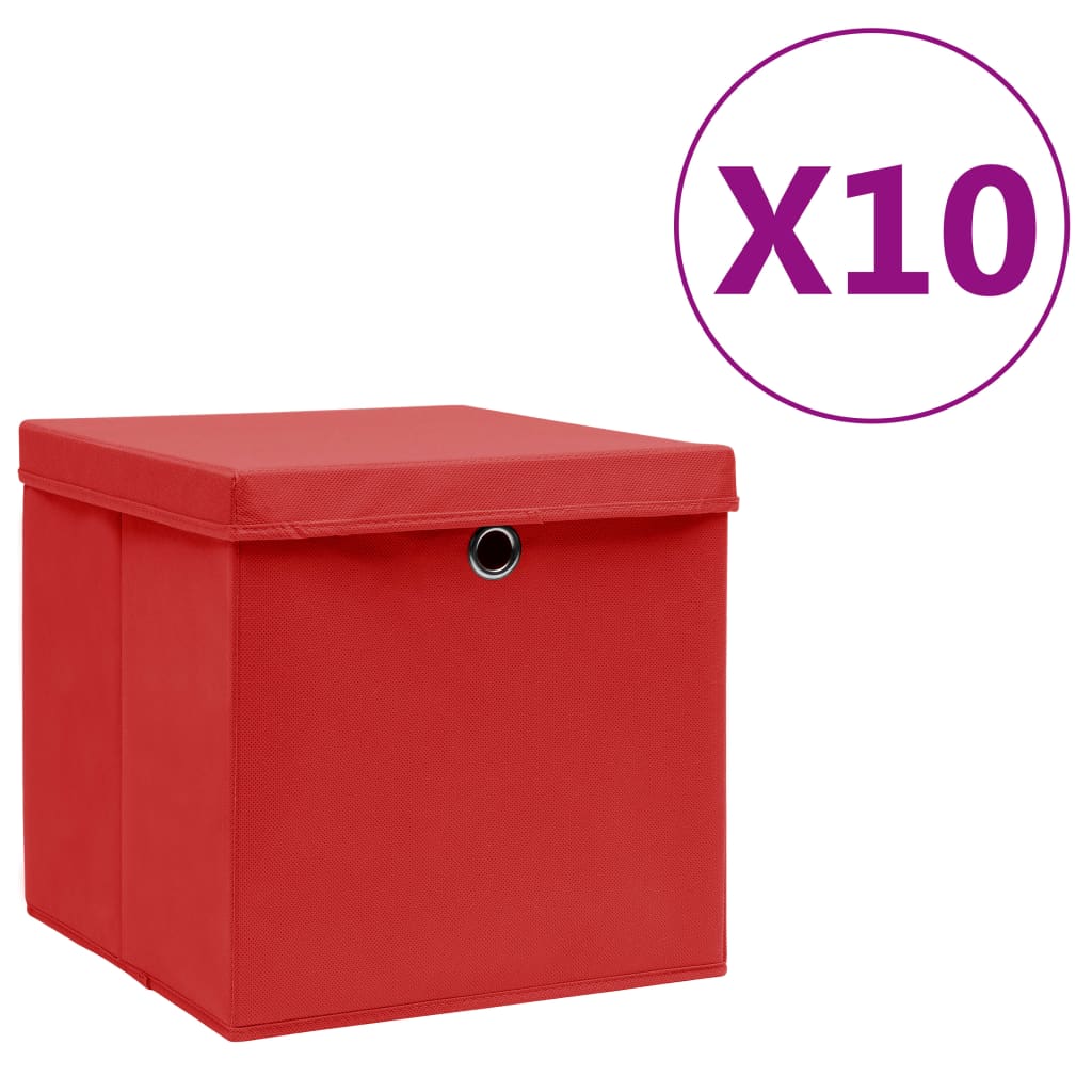 vidaXL Cutii de depozitare cu capac, 10 buc., roșu, 28x28x28 cm vidaXL