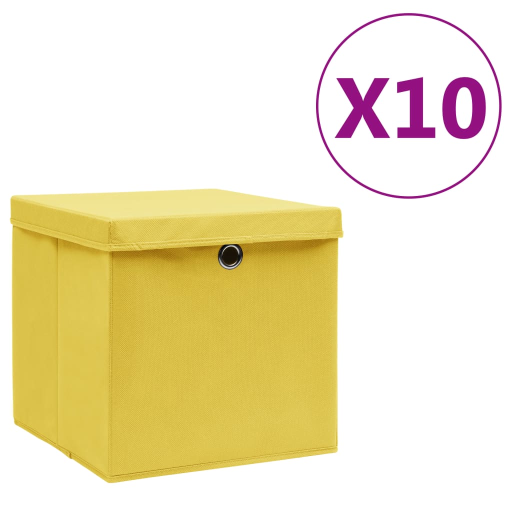 vidaXL Cutii de depozitare cu capac, 10 buc., galben, 28x28x28 cm imagine vidaxl.ro