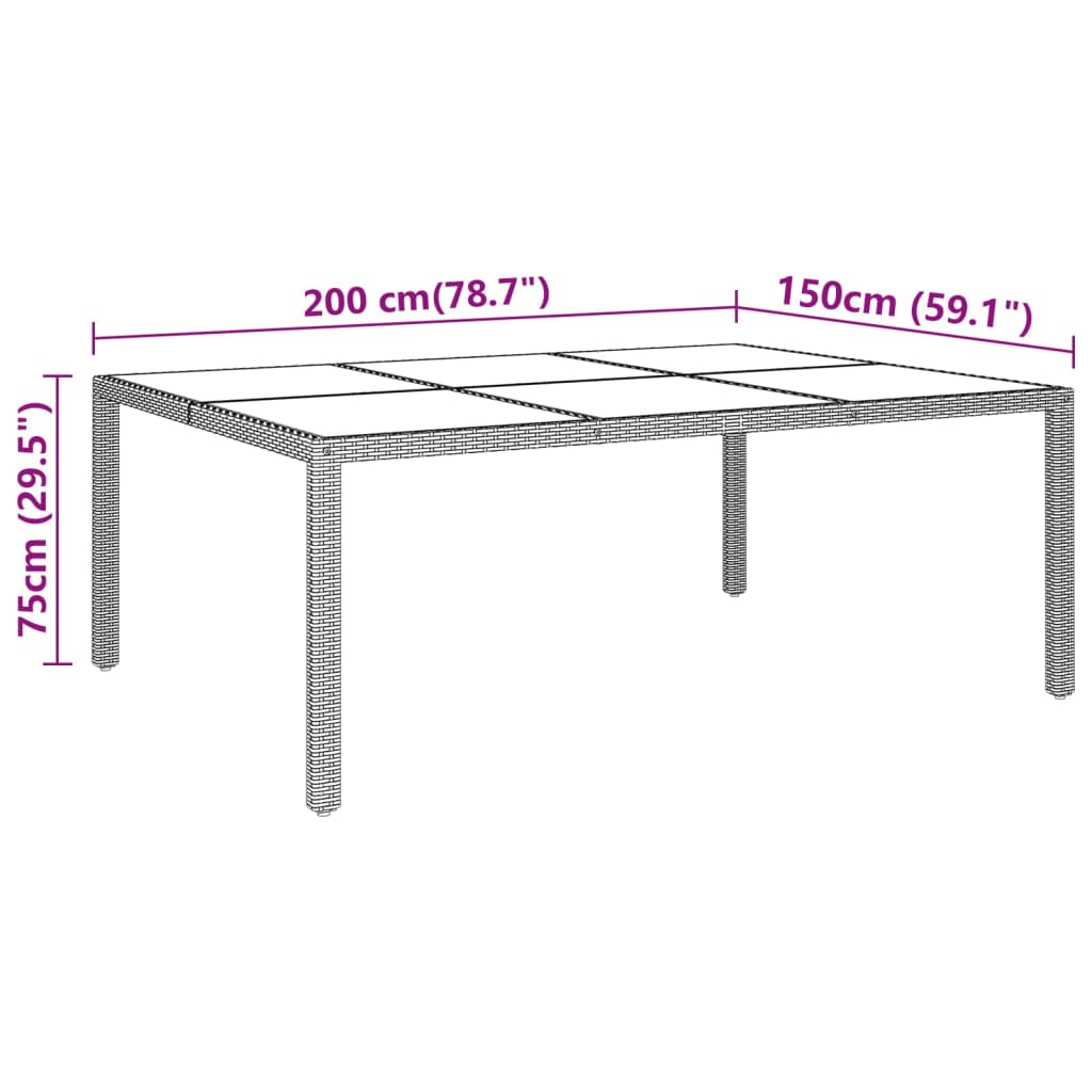  Záhradný stôl so sklenenou doskou hnedý 200x150x75 cm ratan