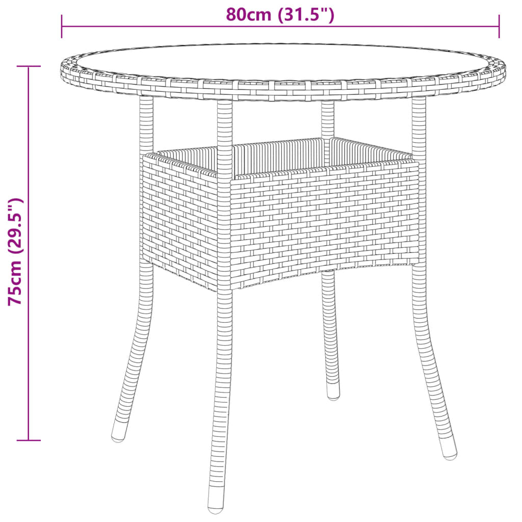  Záhradný stôl Ø80x75 cm tvrdené sklo a polyratan hnedý