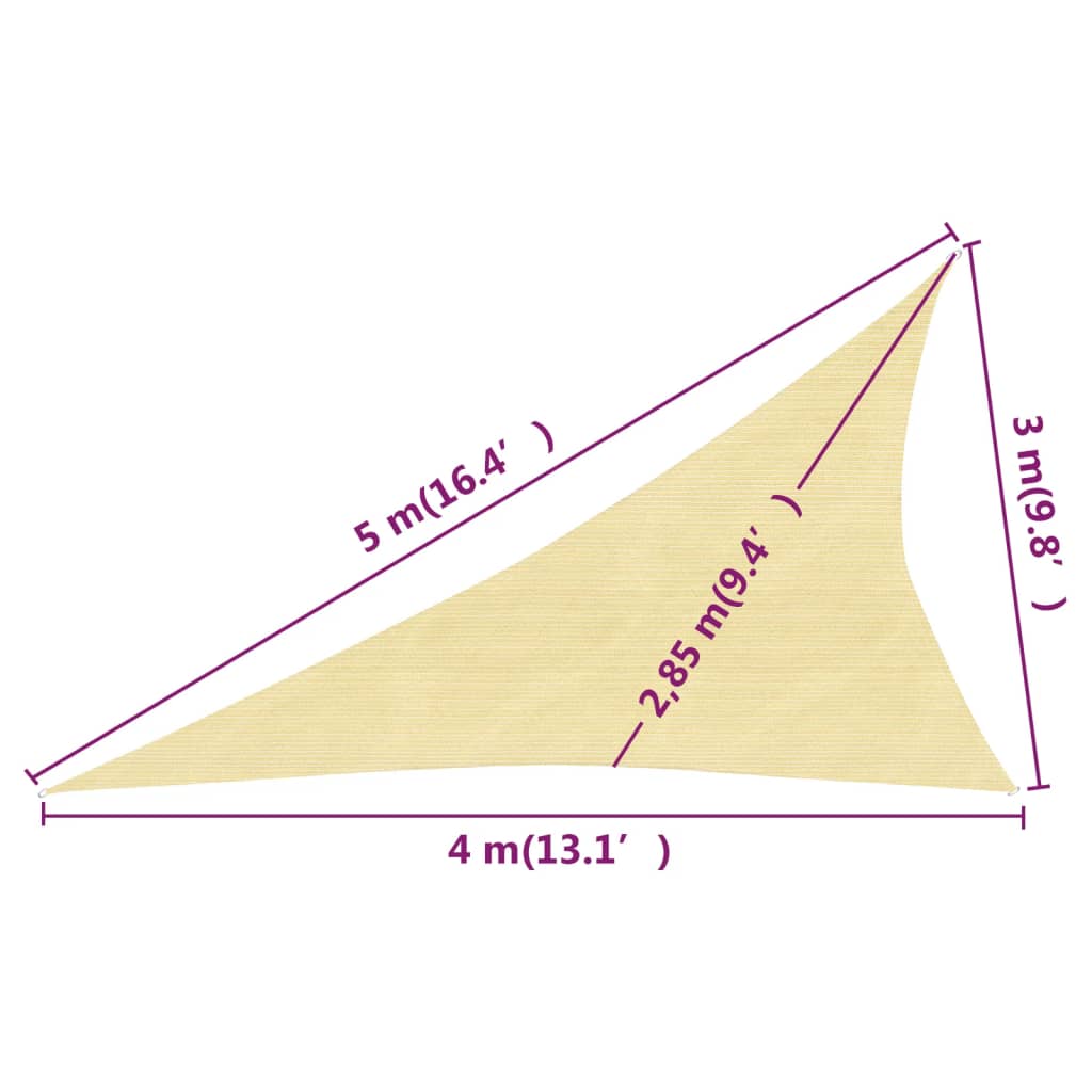 Żagiel przeciwsłoneczny, 160 g/m², beżowy, 3x4x5 m, HDPE