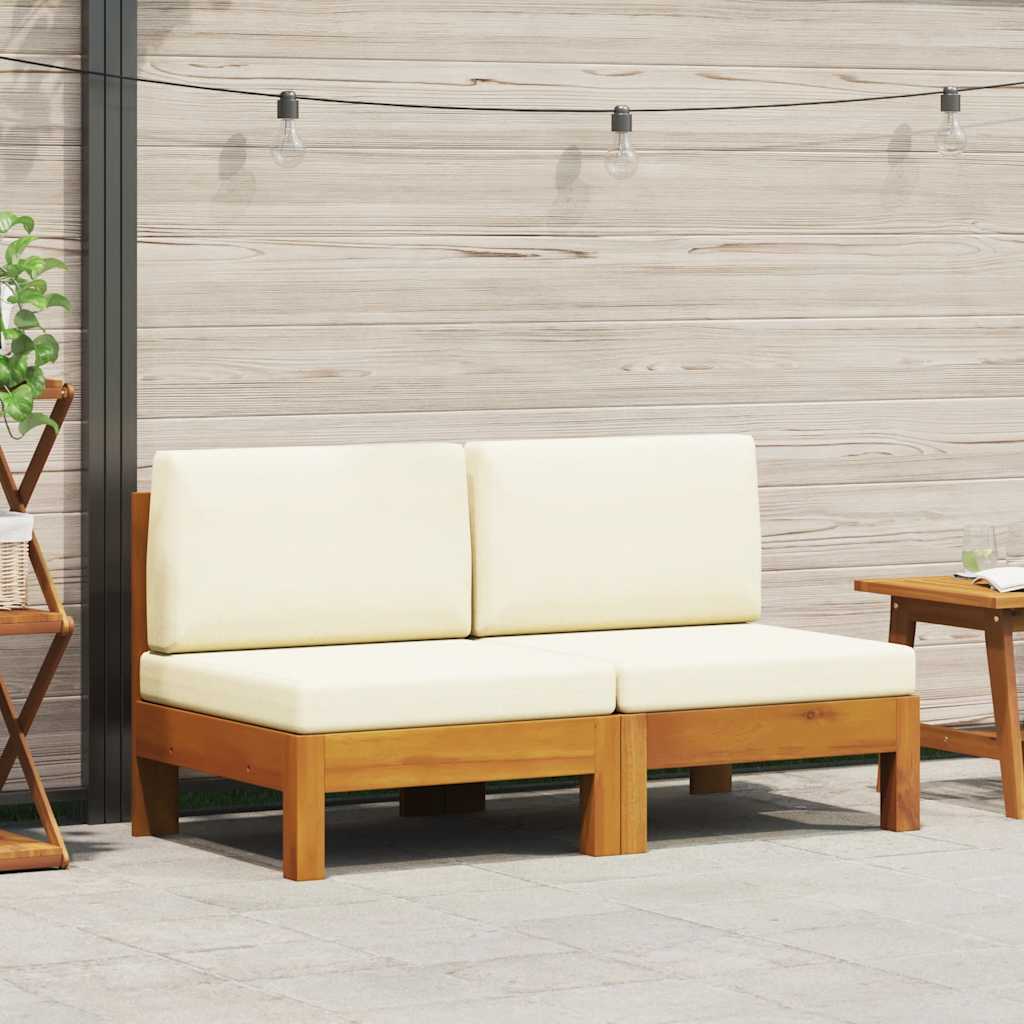 vidaXL Mittelsofas 2 Stk. mit Cremeweißen Kissen Massivholz Akazie