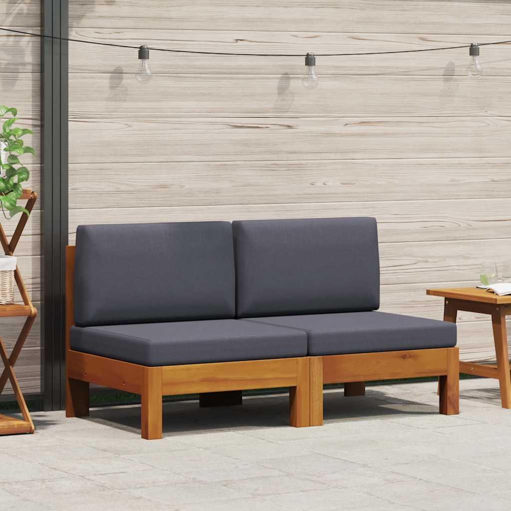 vidaXL Mittelsofas 2 Stk. mit Dunkelgrauen Kissen Massivholz Akazie