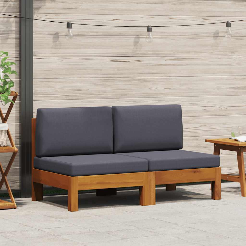 vidaXL Mittelsofas 2 Stk. mit Dunkelgrauen Kissen Massivholz Akazie