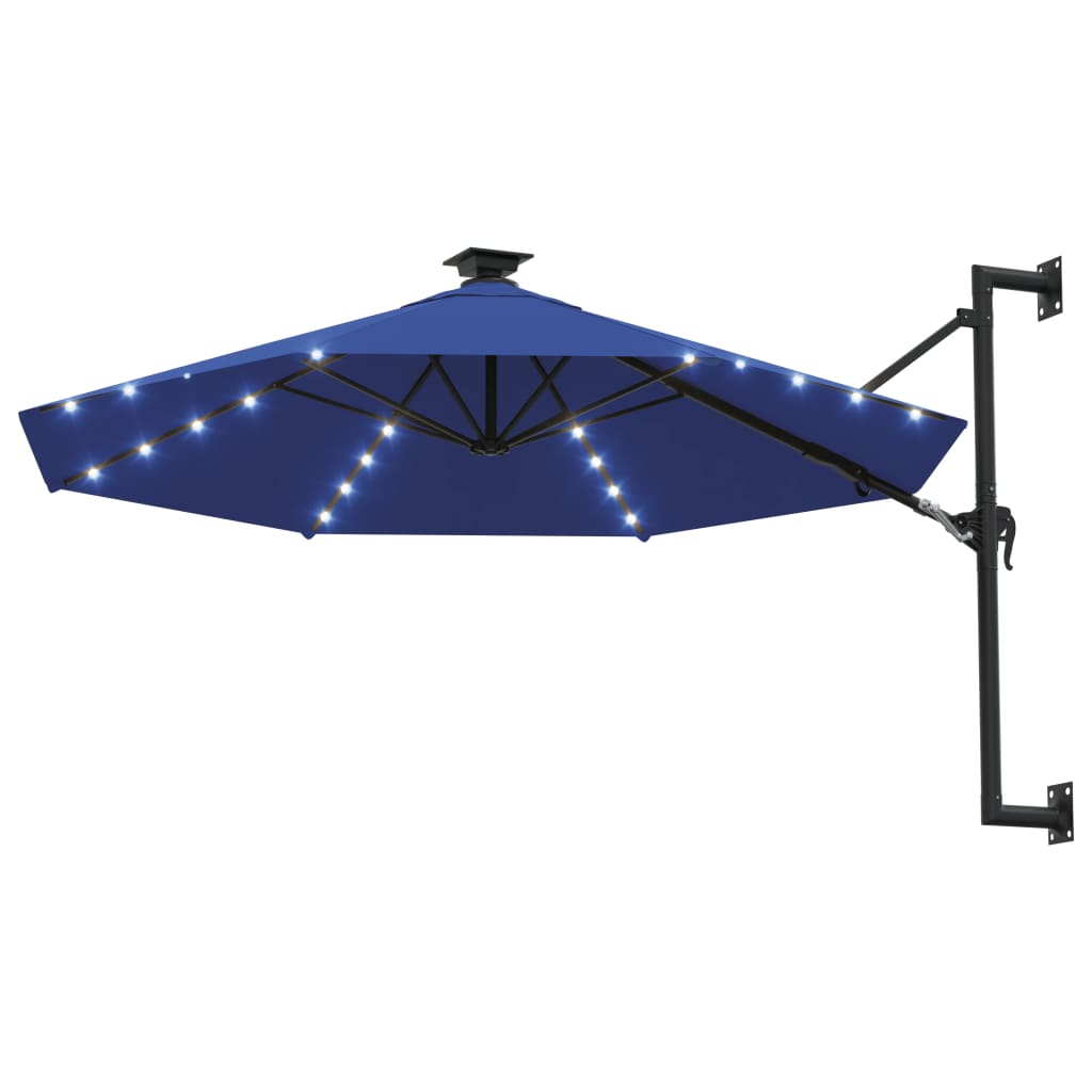 vidaXL Wall-mounted Parasol with LEDs and Metal Pole 300 cm Blue