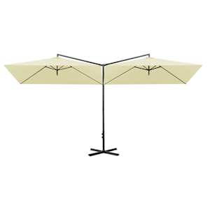 vidaXL Dvigubas sodo skėtis su plieniniu stulpu, smėlio, 600x300cm