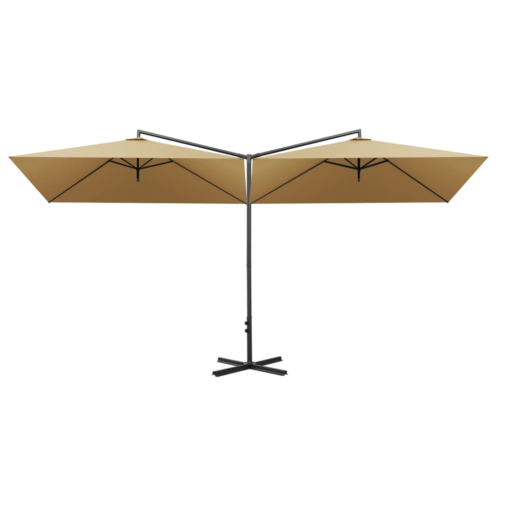 vidaXL Dvigubas skėtis su plieniniu stulpu, taupe spalvos, 600x300cm