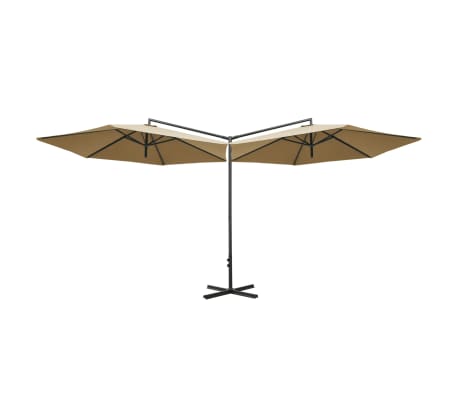 vidaXL Dvigubas sodo skėtis su plieniniu stulpu, taupe, 600cm