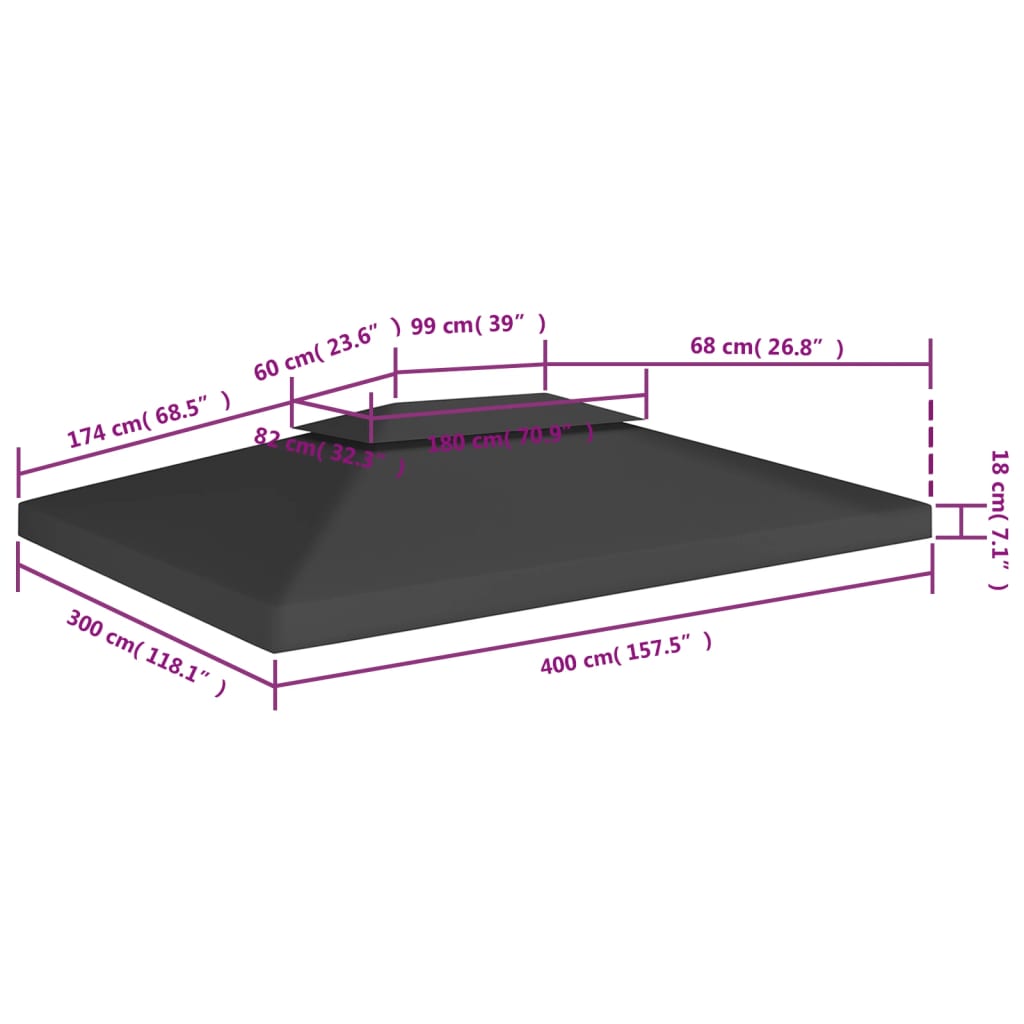 Fekete kétszintes pavilon-tetőponyva 310 g/m² 4 x 3 m 