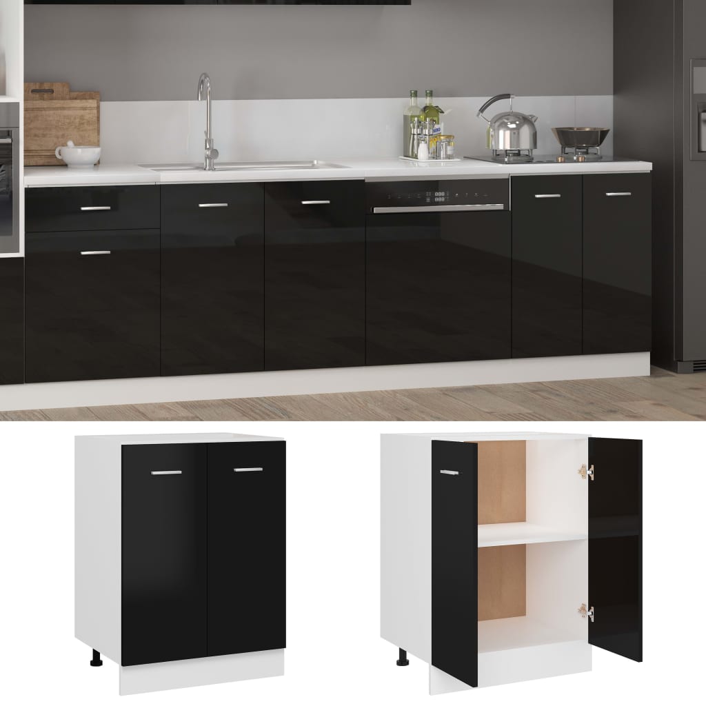 vidaXL virtuves skapītis, spīdīgi melns, 60x46x81,5 cm, skaidu plāksne