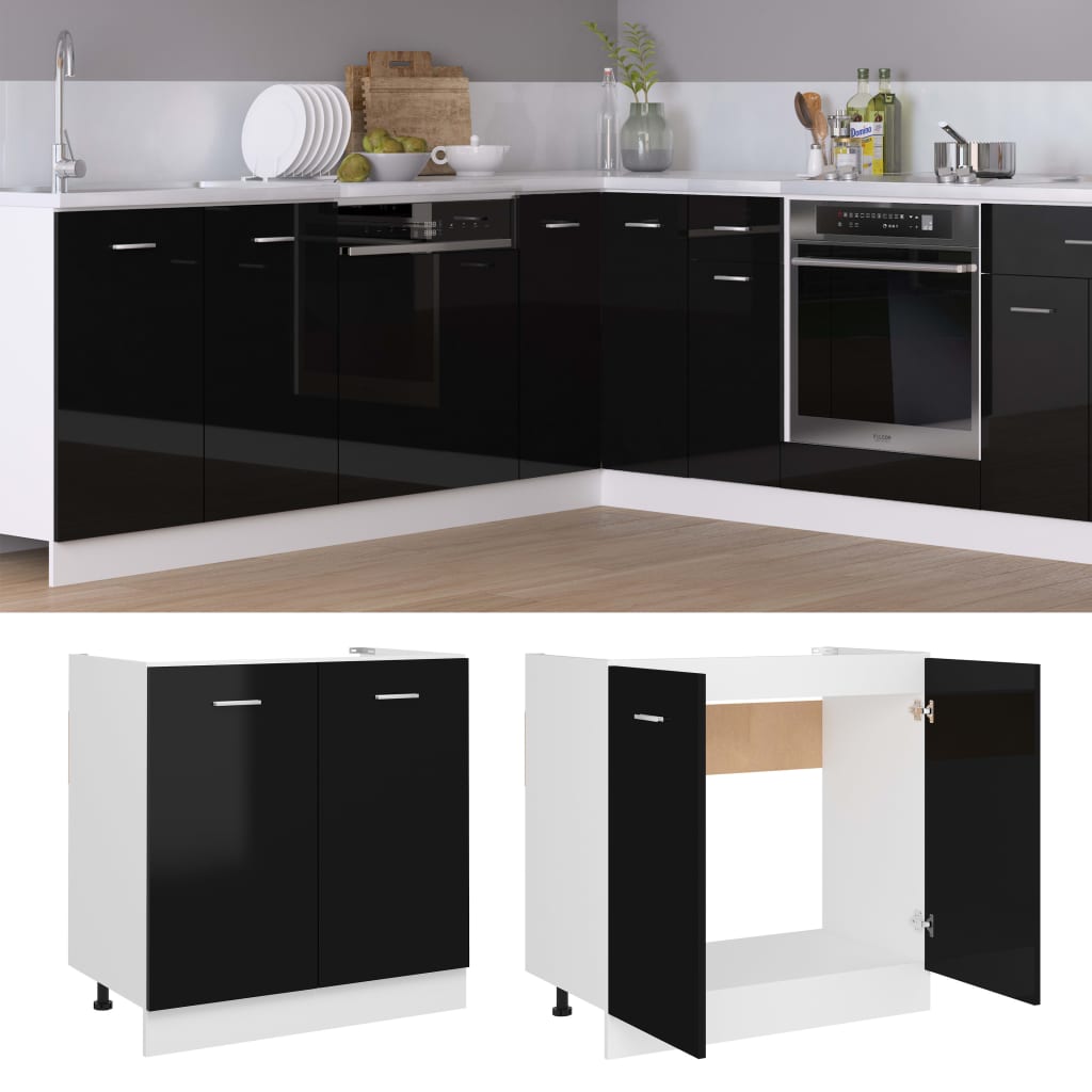 vidaXL Sink Bottom Cabinet High Gloss Black 80x46x81.5 cm Engineered Wood