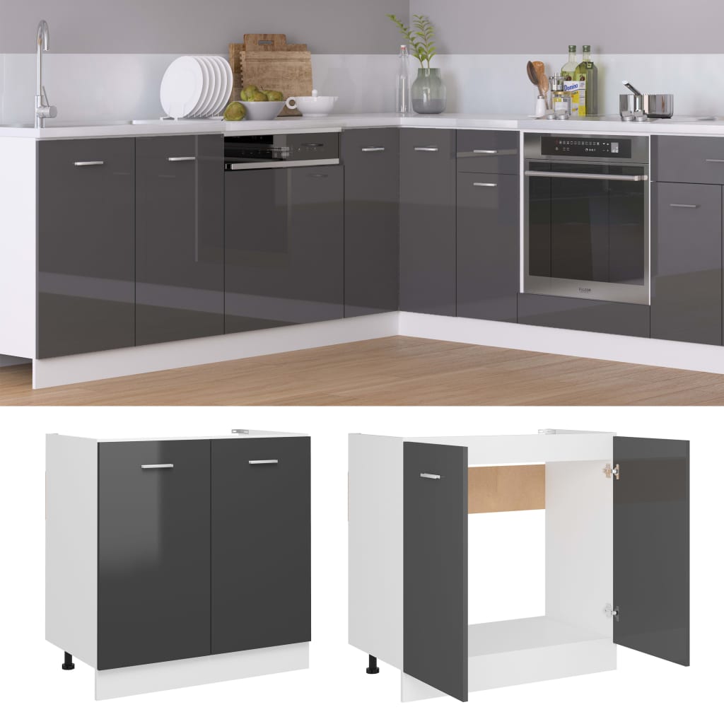 vidaXL Sink Bottom Cabinet High Gloss Grey 80x46x81.5 cm Engineered Wood