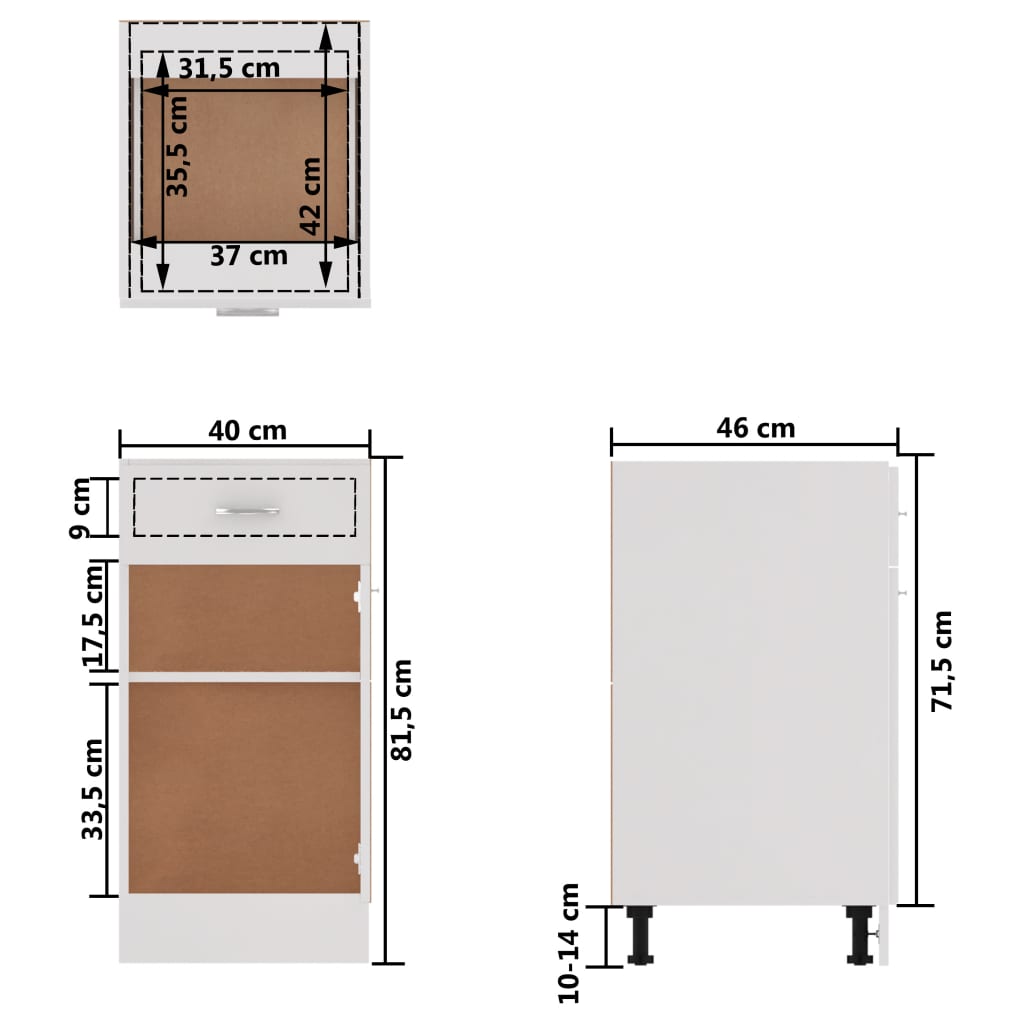 Apatinė spintelė su stalčiumi, balta, 40x46x81,5cm, MDP | Stepinfit