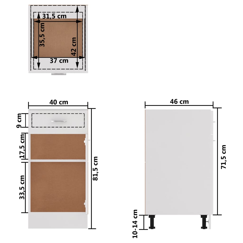  Spodná skrinka+zásuvka, lesklá biela 40x46x81,5cm, drevotrieska