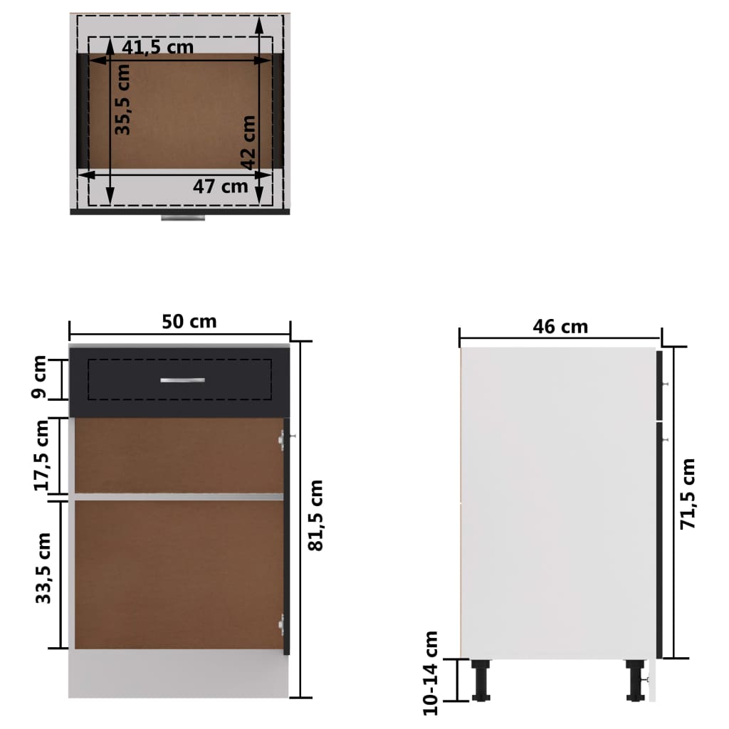 Magasfényű fekete forgácslap fiókos alsószekrény 50x46x81,5 cm 