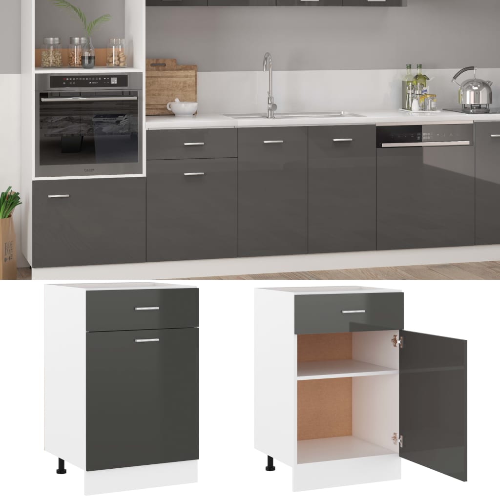 vidaXL Drawer Bottom Cabinet High Gloss Grey 50x46x81.5 cm Engineered Wood