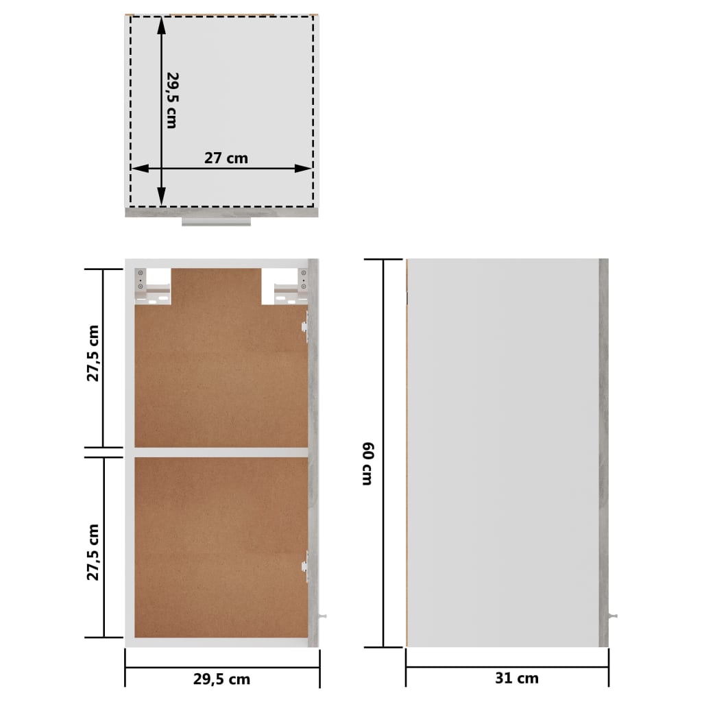 Betonszürke forgácslap függő szekrény 29,5 x 31 x 60 cm 