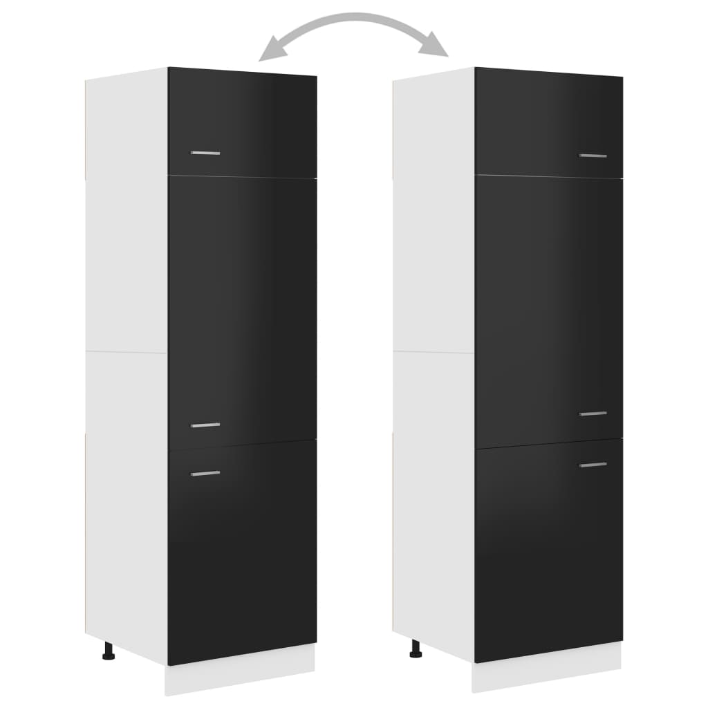 Magasfényű fekete forgácslap szekrény hűtőhöz 60 x 57 x 207 cm 
