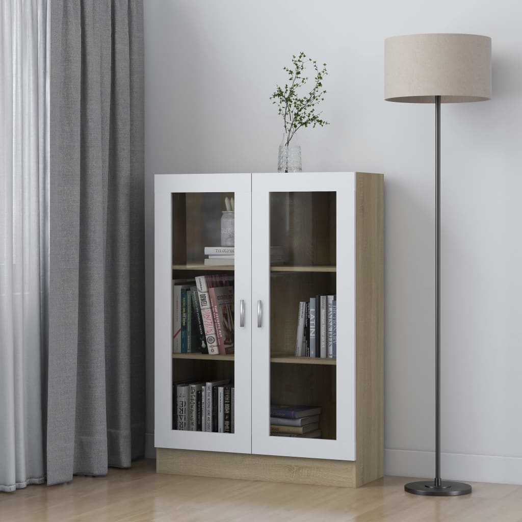vidaXL Dulap cu vitrină, alb&stejar Sonoma, 82,5 x 30,5 x 115 cm, PAL vidaXL