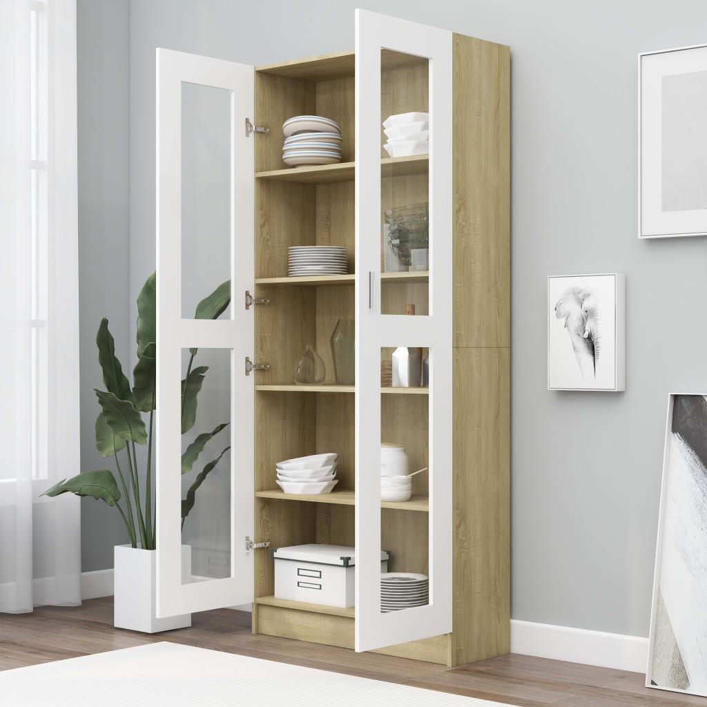 

vidaXL Vitrinekast 82,5x30,5x185,5 cm spaanplaat wit sonoma eikenkleur