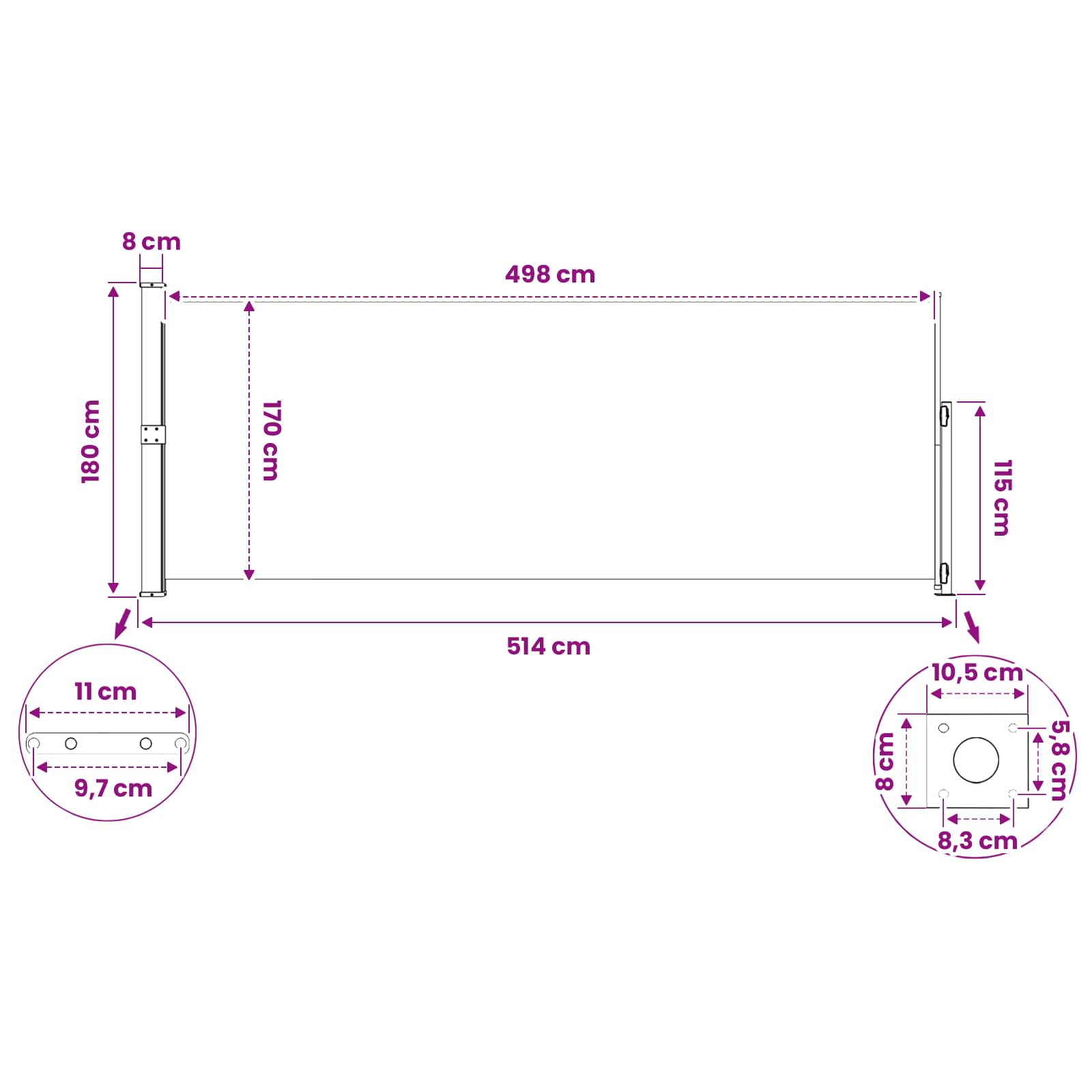 Patio Retractable Side Awning size guide