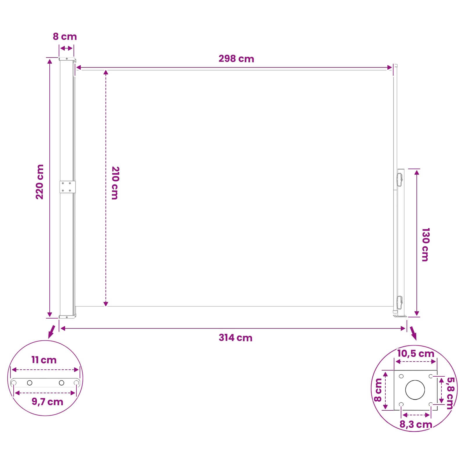 Patio Retractable Side Awning size guide
