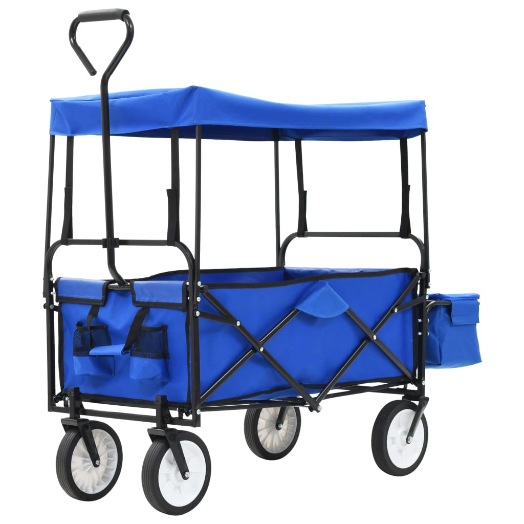 Skládací ruční vozík se stříškou ocelový modrý