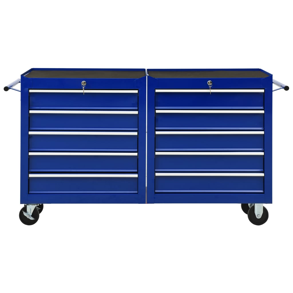 vidaXL Vozík na nářadí s 10 zásuvkami ocelový modrý