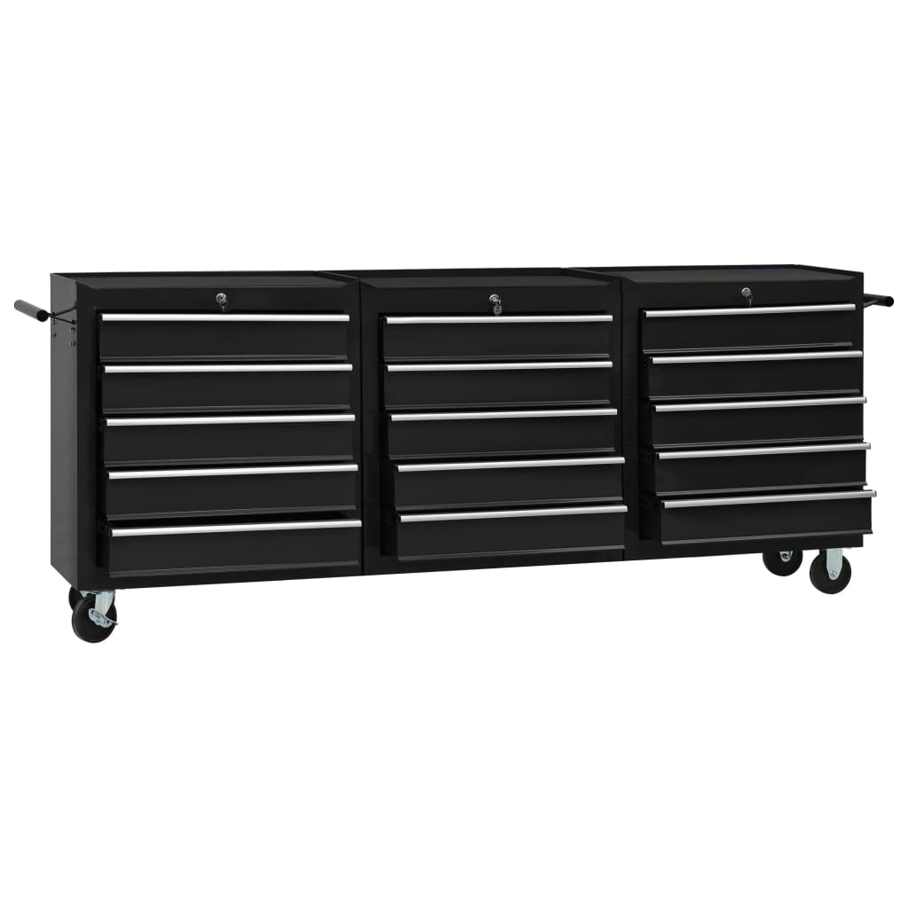 vidaXL Tool Trolley with 15 Drawers Steel Black (147183+2x147184)