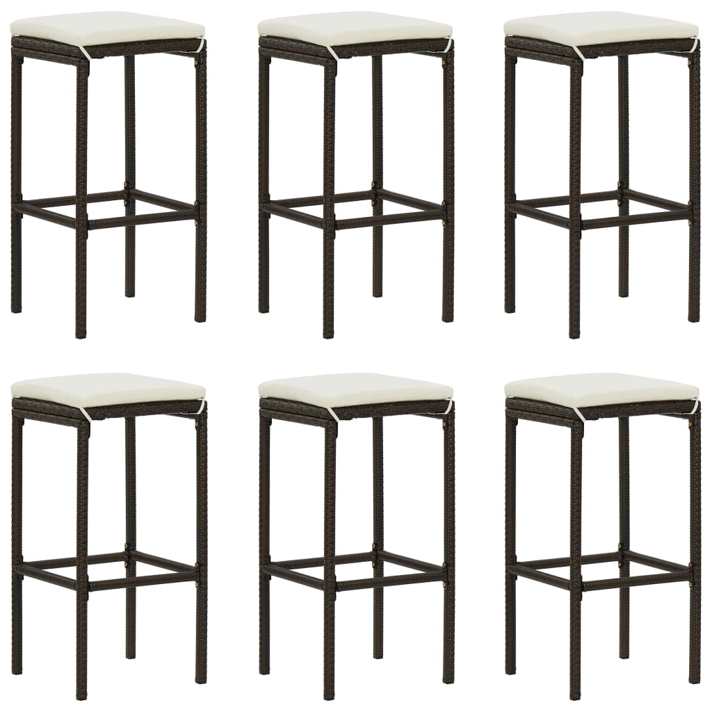 Barové stoličky s poduškami 6 ks hnědé polyratan
