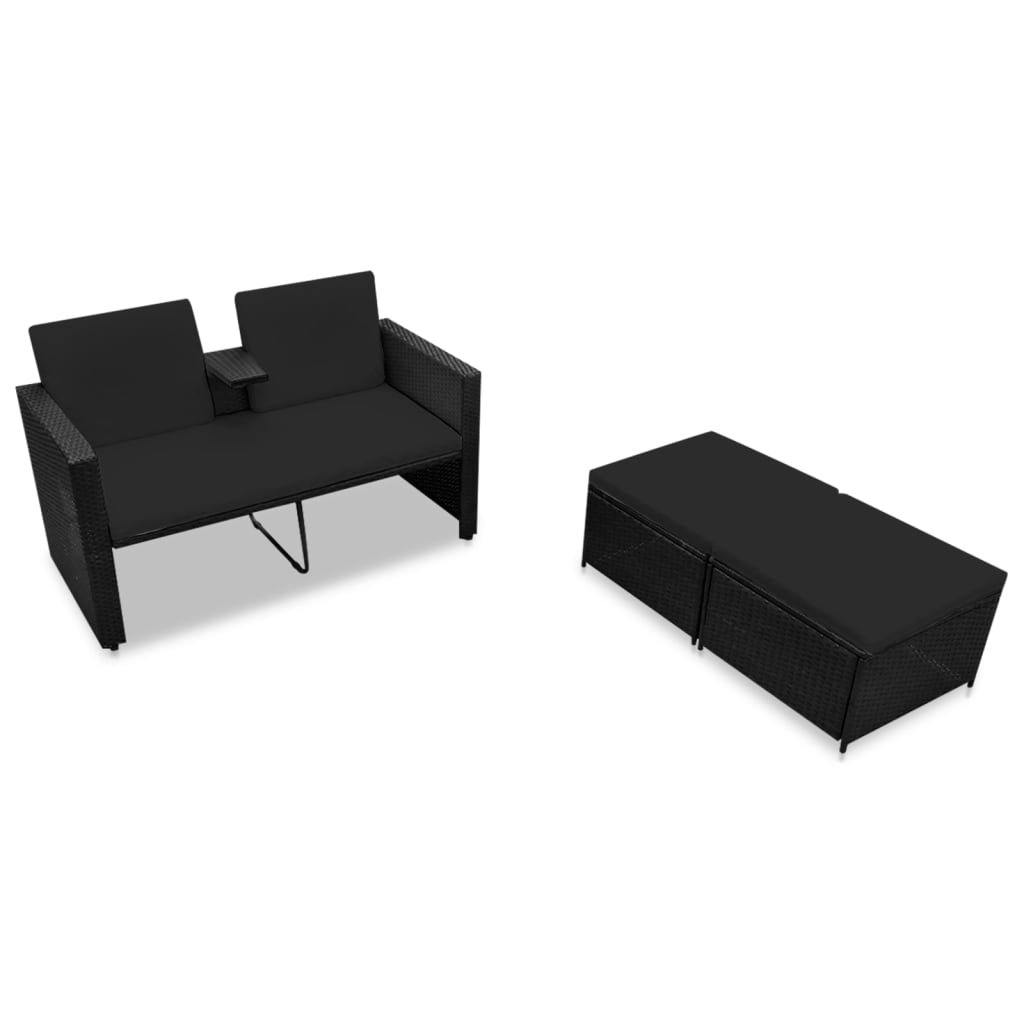 Set mobilier de grădină cu perne, 3 piese, negru, poliratan