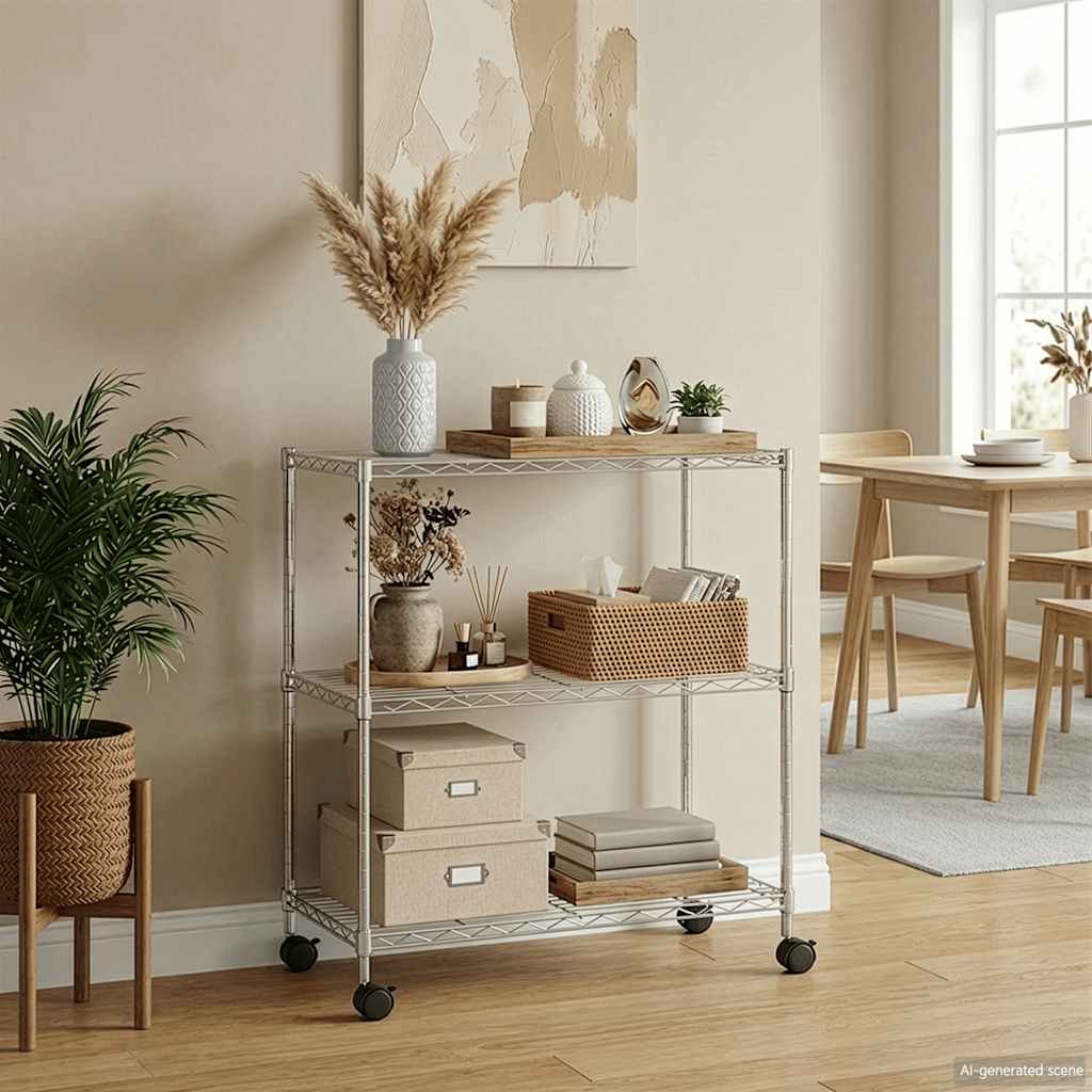 vidaXL Raft depozitare cu roți, 3 niveluri, 60x35x81 cm, crom, 150 kg