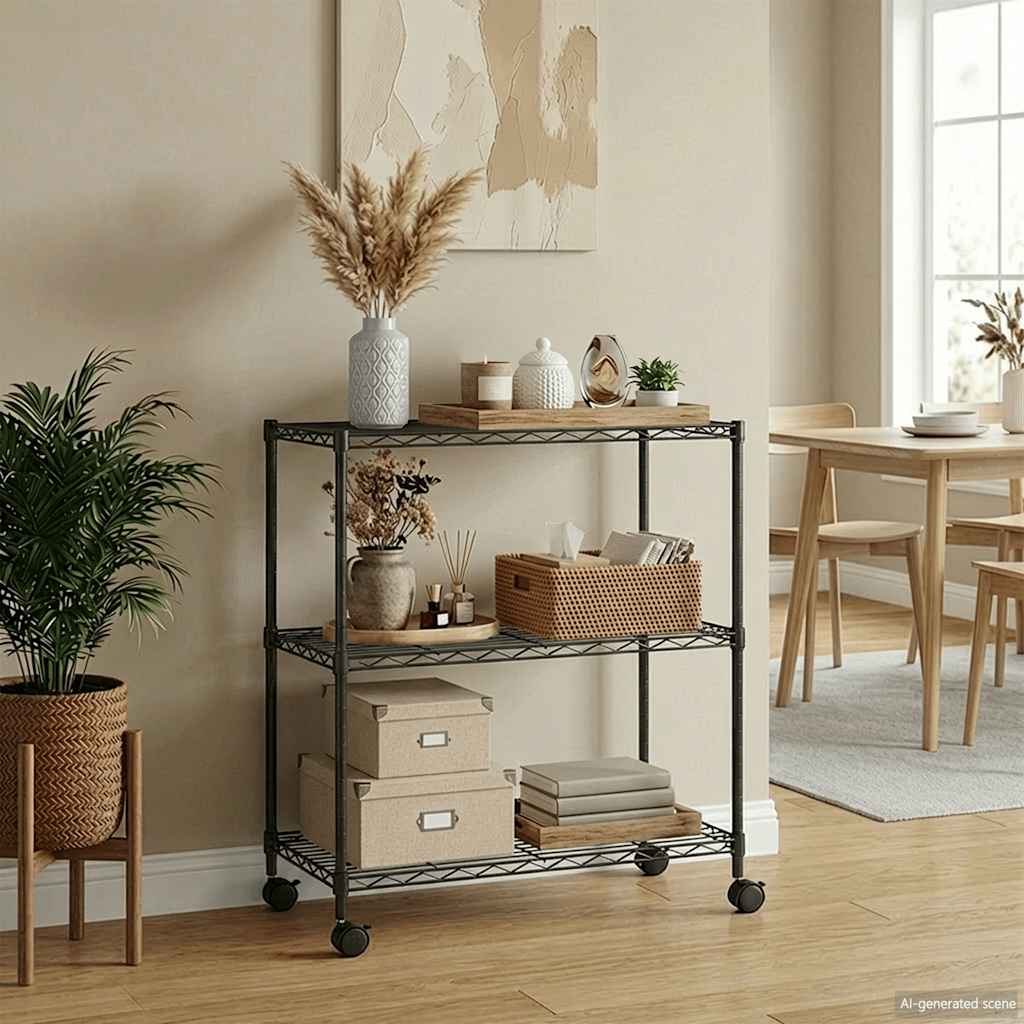 vidaXL Raft depozitare cu roti, 3 niveluri, negru, 60x35x81cm, 150 kg