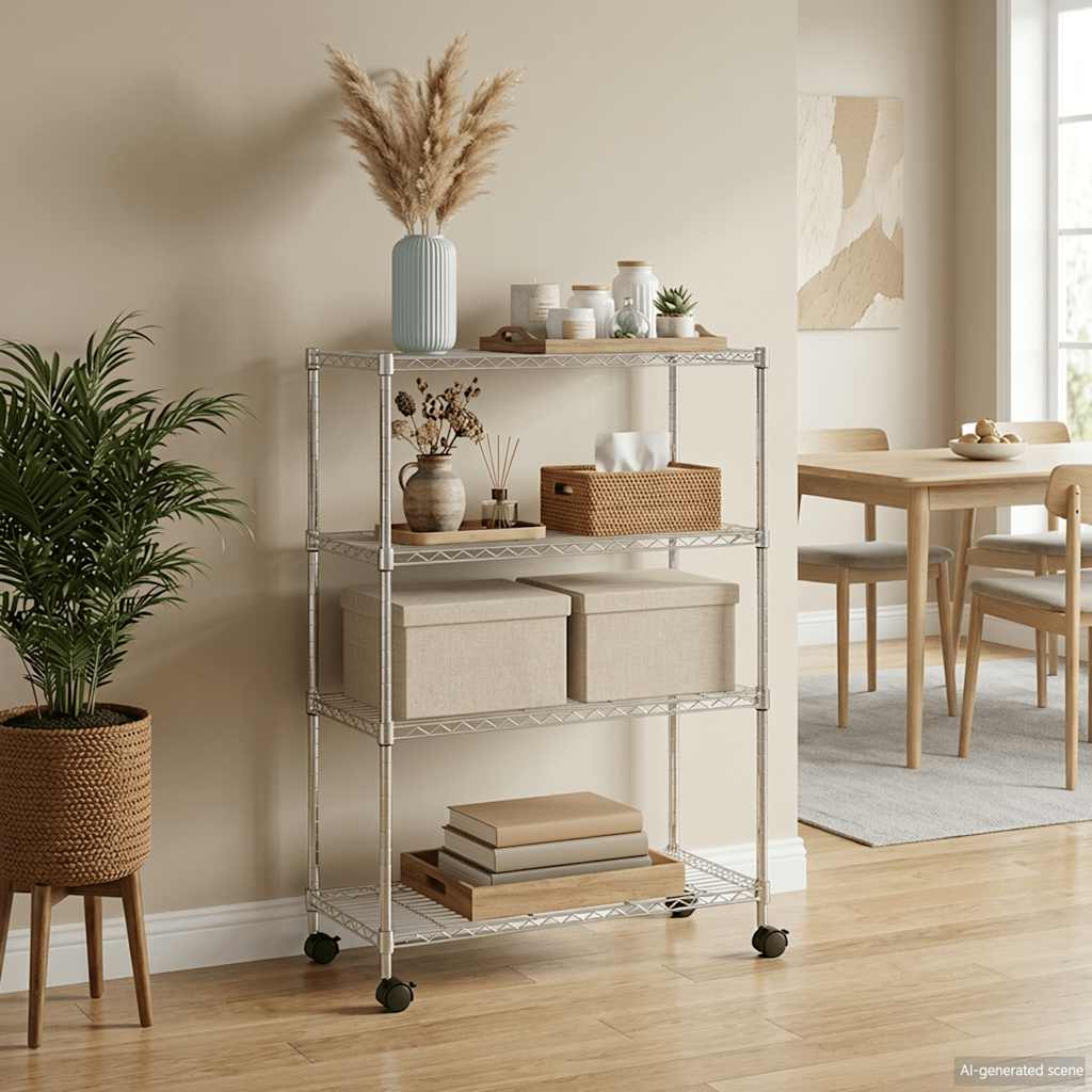 vidaXL Raft depozitare cu roți, 4 niveluri, 90x35x142 cm, crom, 200 kg