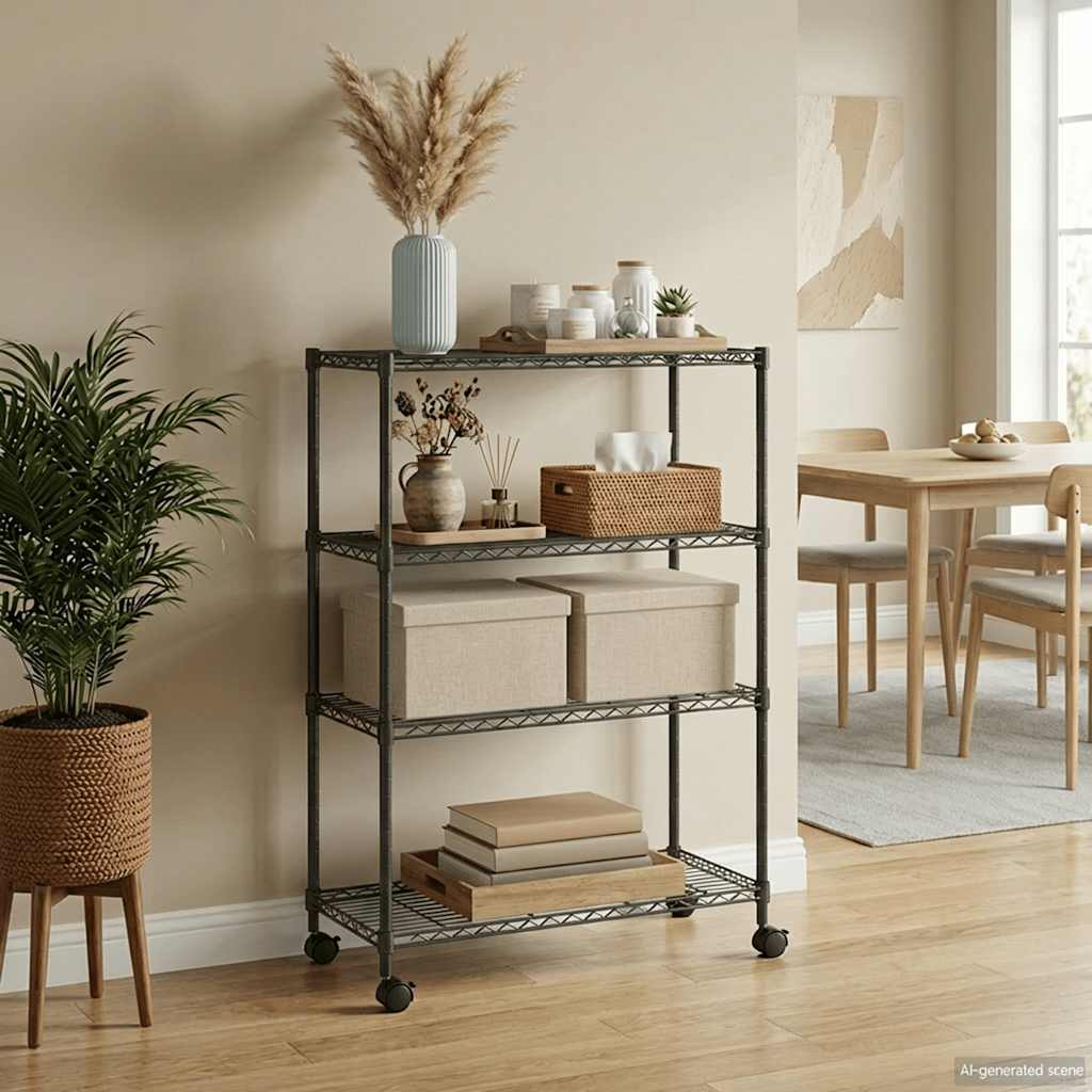 vidaXL Raft depozitare cu roti 4 niveluri negru 90x35x142 cm 200 kg