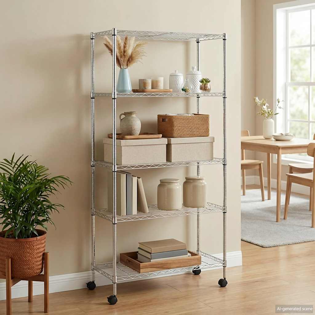 vidaXL Raft depozitare cu roți, 5 niveluri, 75x35x155 cm, crom, 250 kg