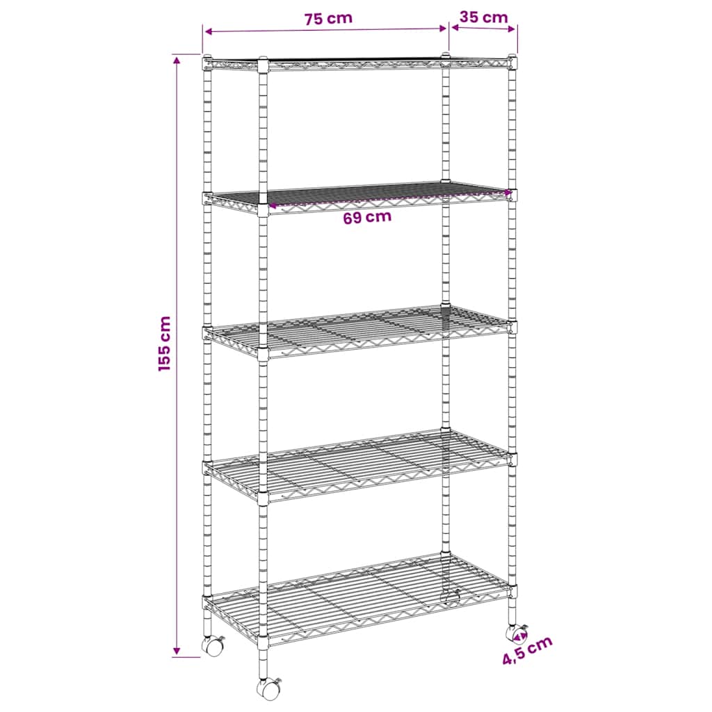 5-nadstropni regal s kolesi 75x35x155 cm črn 250 kg - slika 9