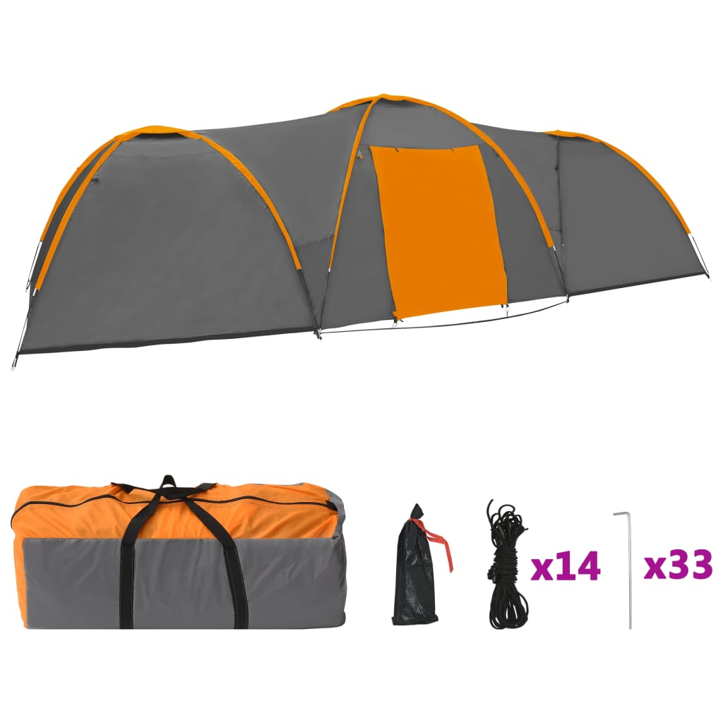 Cort camping tip iglu, 8 pers., gri/portocaliu, 650x240x190 cm