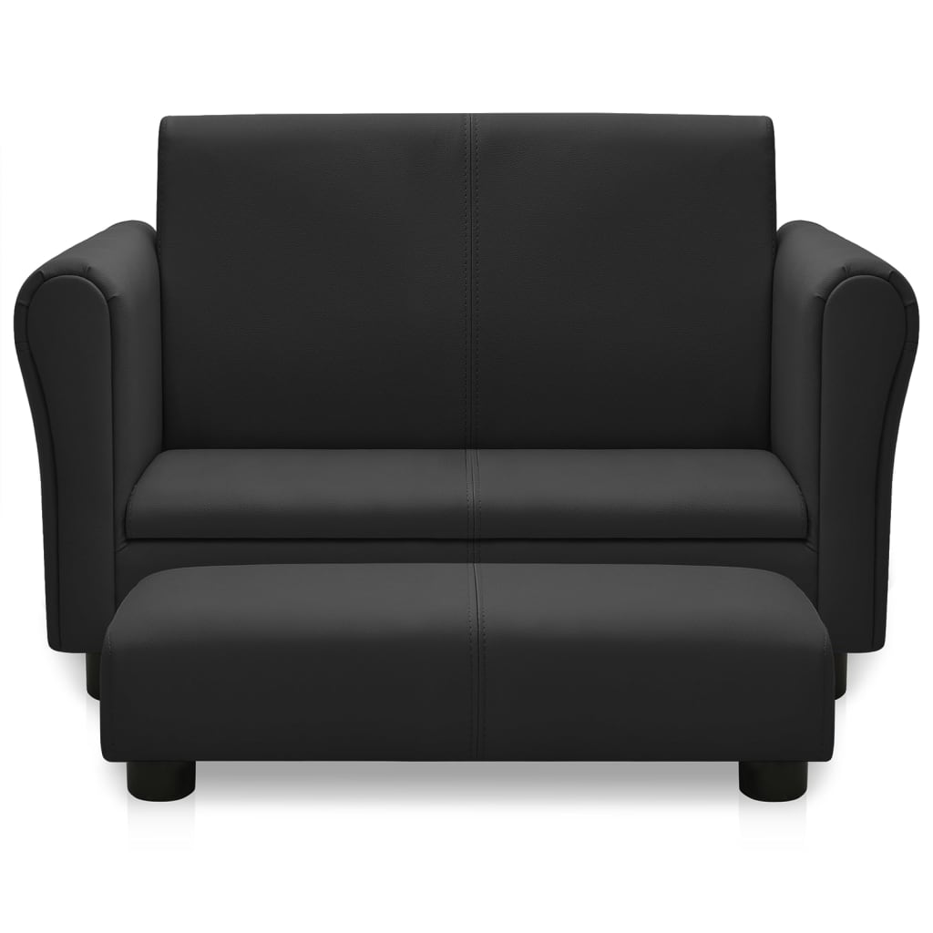 vidaXL Детски диван с табуретка, черен, изкуствена кожа