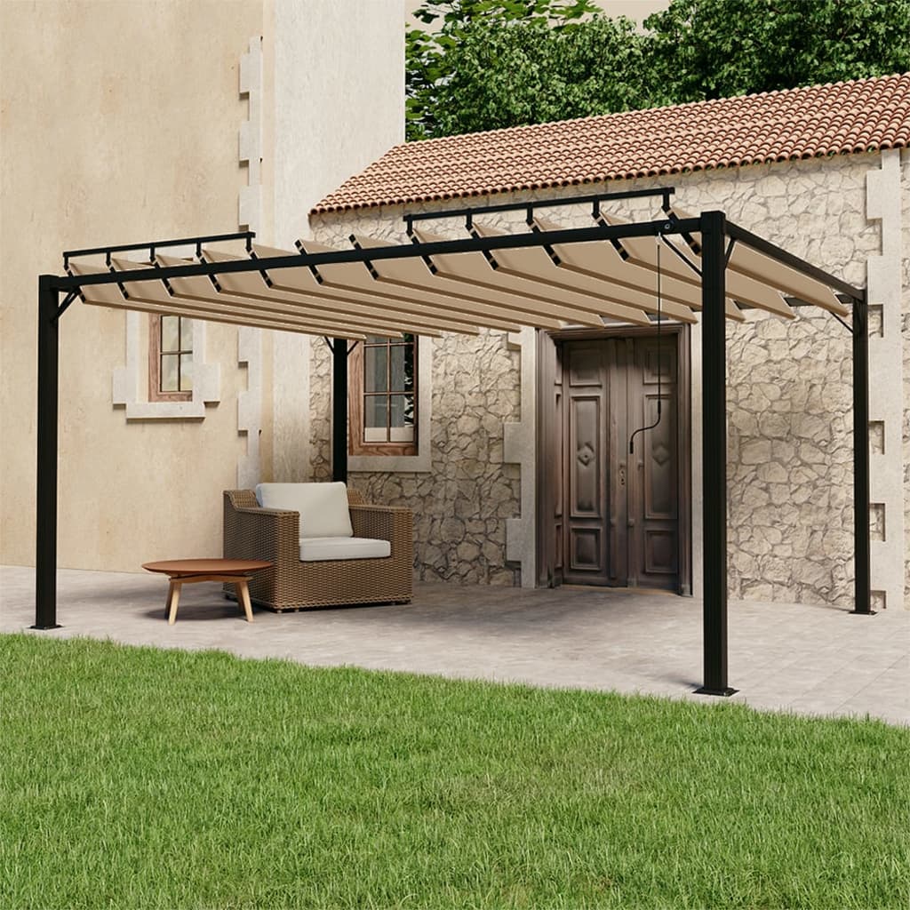 Pavillon mit Lamellendach 3×4 m Taupe Stoff und Aluminium