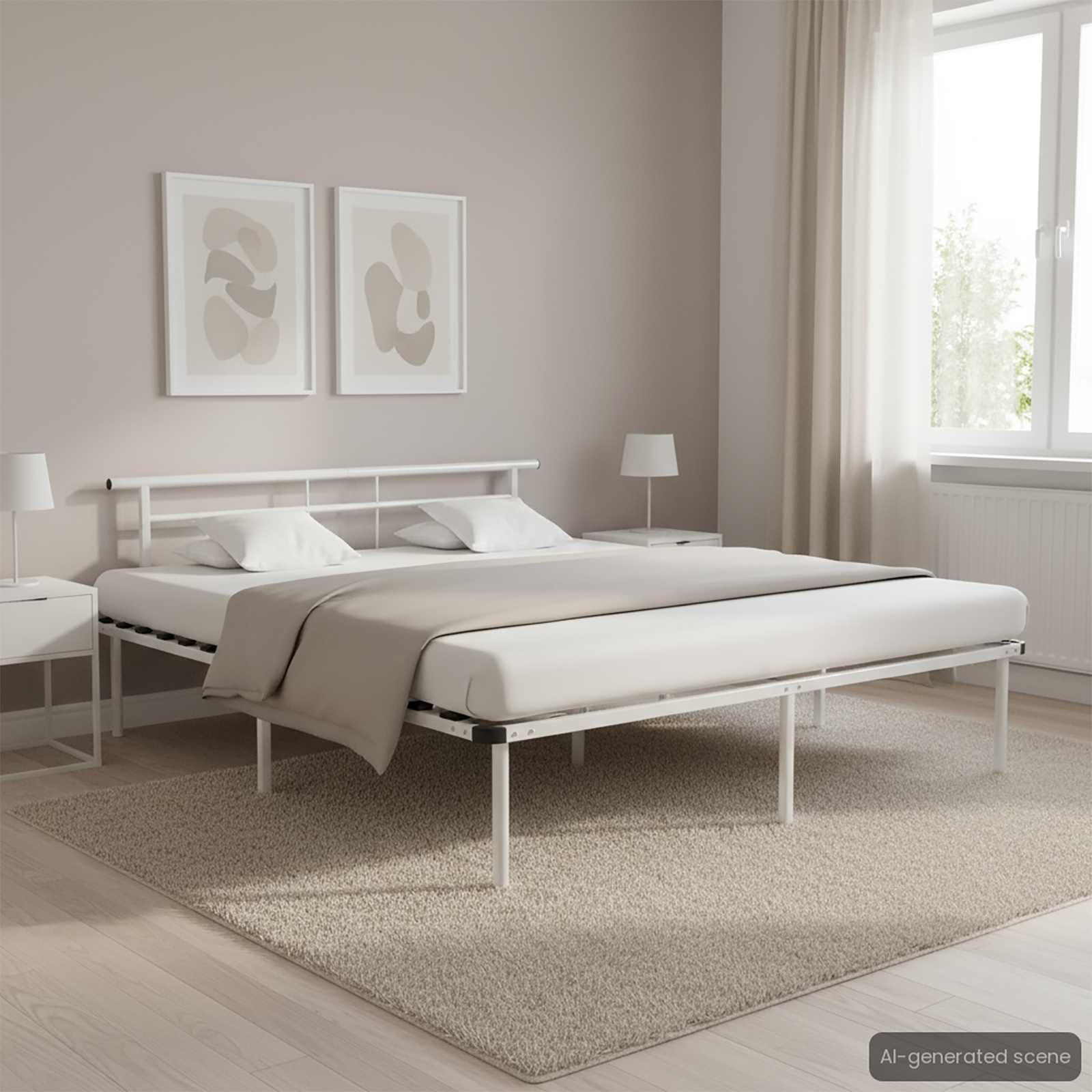 White metal bed frame with mattress, front view in a bedroom setting.