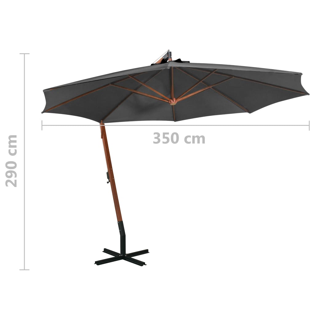 Umbrelă suspendată cu stâlp, antracit, 3,5x2,9 m, lemn brad