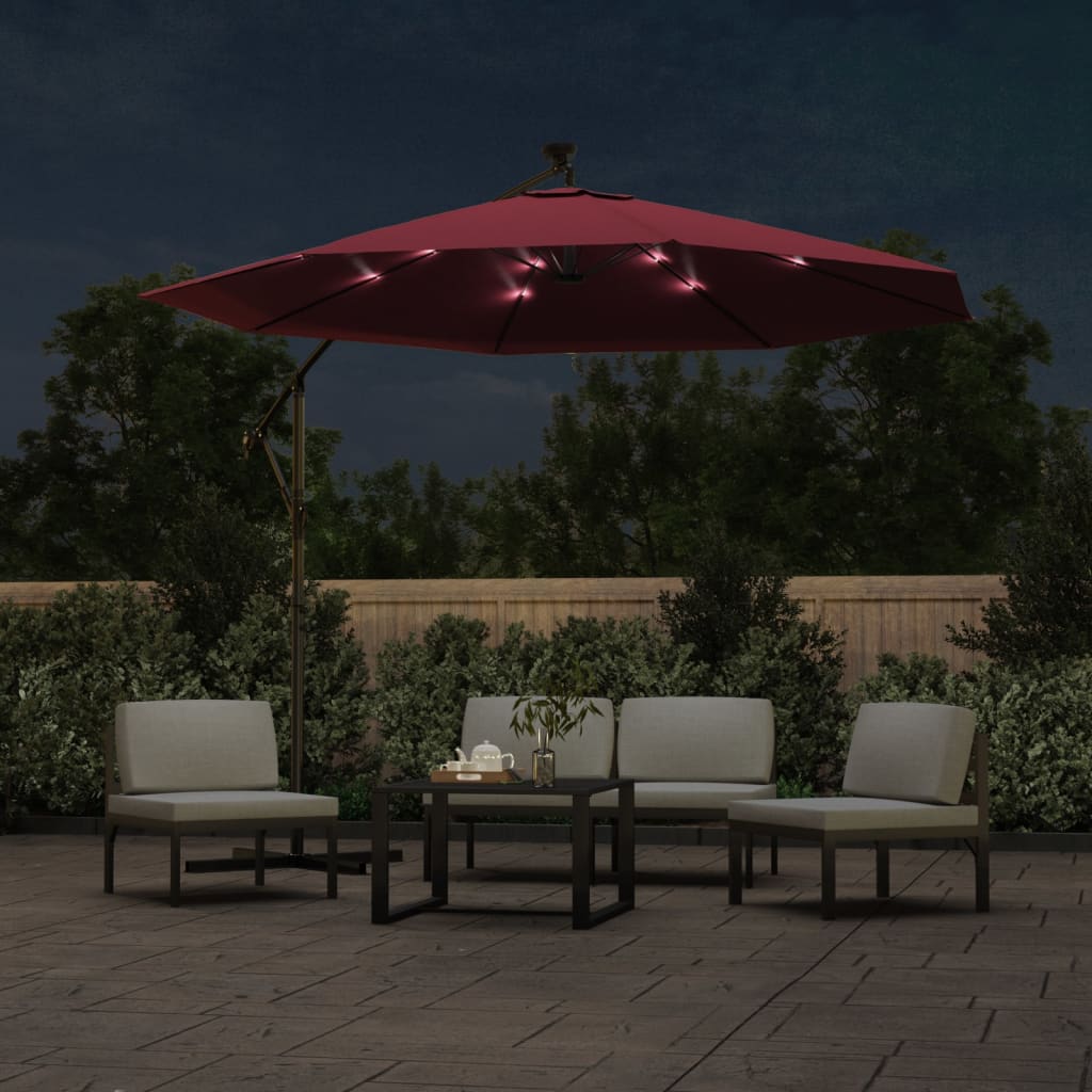 

vidaXL Zweefparasol met LED-verlichting en stalen paal wijnrood