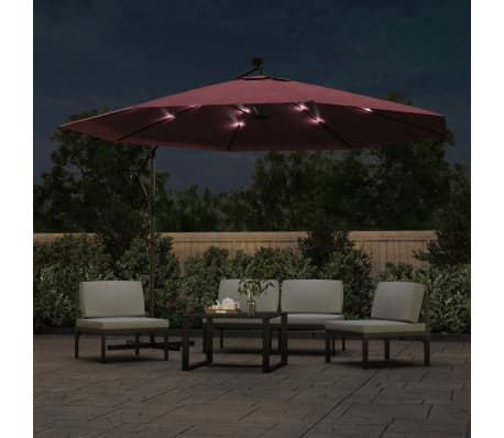 vidaXL Parasol de jardin en porte-&agrave;-faux lumi&egrave;res LED rouge bordeaux