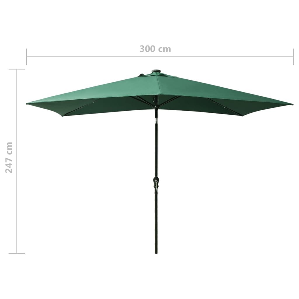 Umbrelă de soare cu stâlp din oțel & LED-uri, verde, 2x3 m