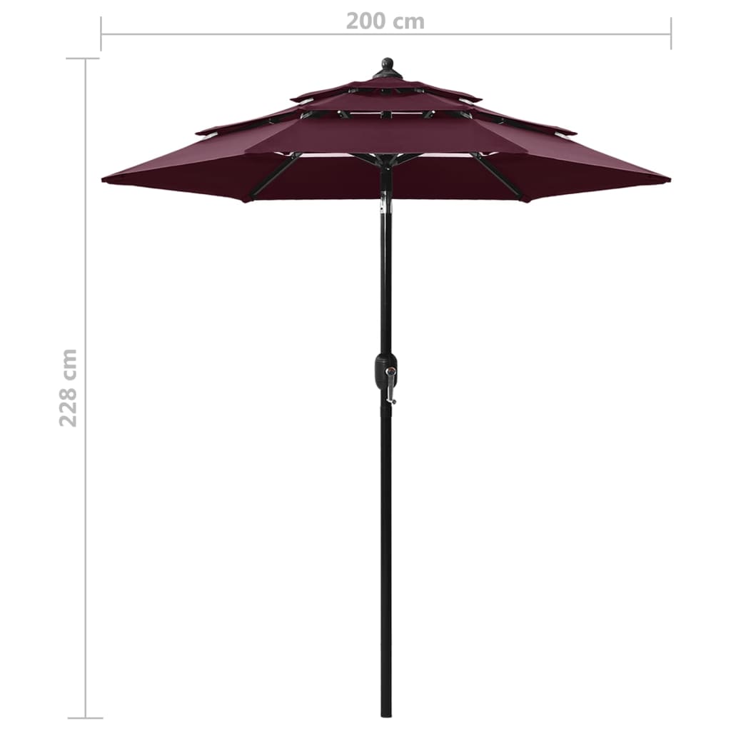 Umbrelă de soare 3 niveluri, stâlp aluminiu, roșu bordo, 2 m