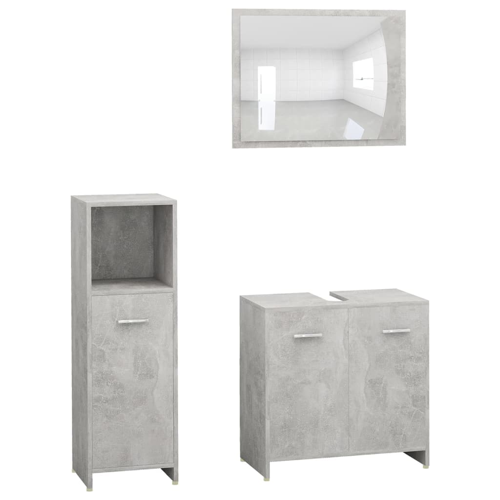 Set mobilier baie, 3 piece, gri beton, lemn prelucrat